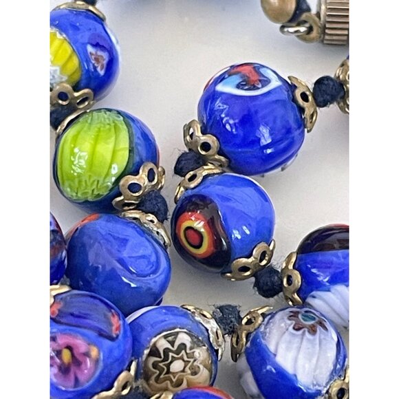 Vintage 1950s Italy Millefiori Hand knotted Glass Blue Beaded Necklace - Picture 5 of 16